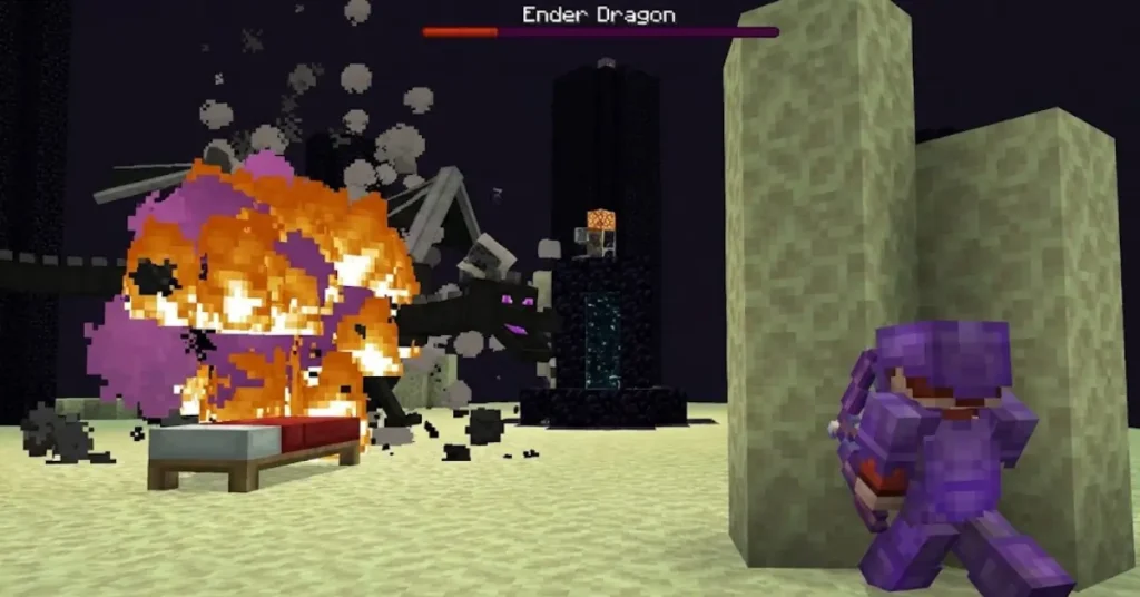 Bed bombing strategy against Ender Dragon in Minecraft showing explosion damage