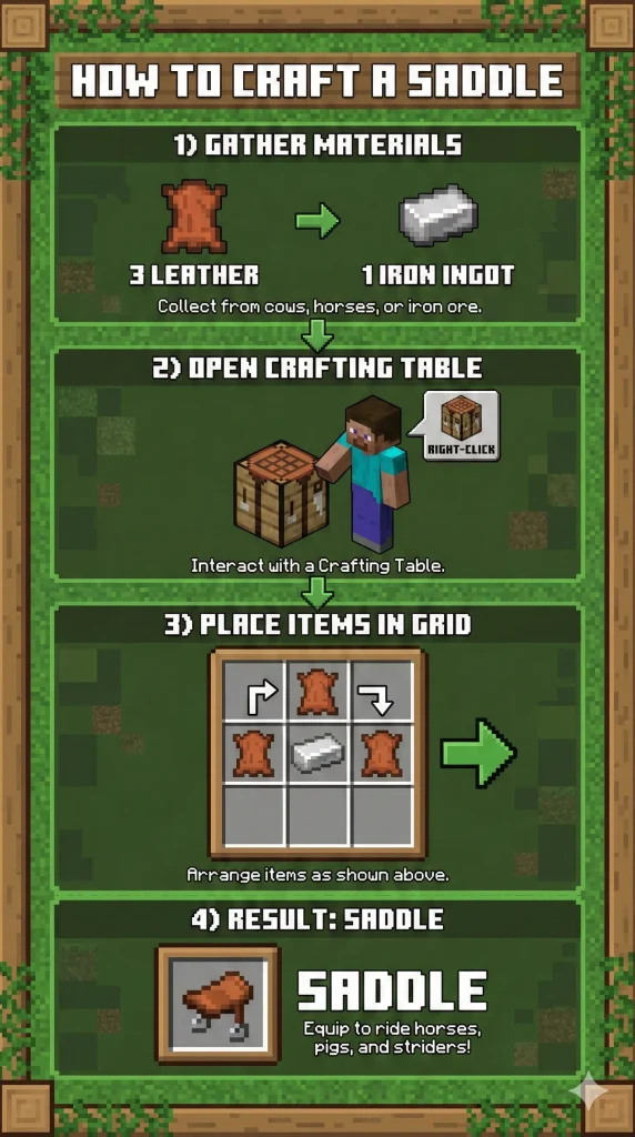 an infographic for how to make saddle in minecraft